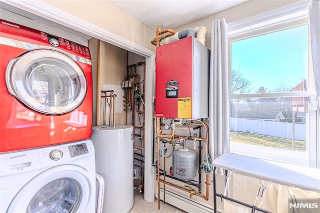 clothes washing area with light tile patterned floors, water heater, and stacked washer / dryer