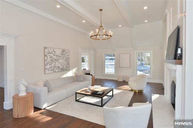 living room featuring high vaulted ceiling, a chandelier, hardwood / wood-style floors, and beam ceiling