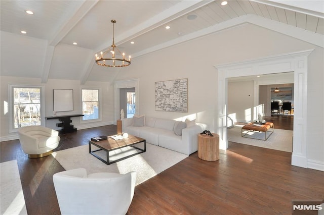 living room with an inviting chandelier, beam ceiling, dark wood-type flooring, and high vaulted ceiling