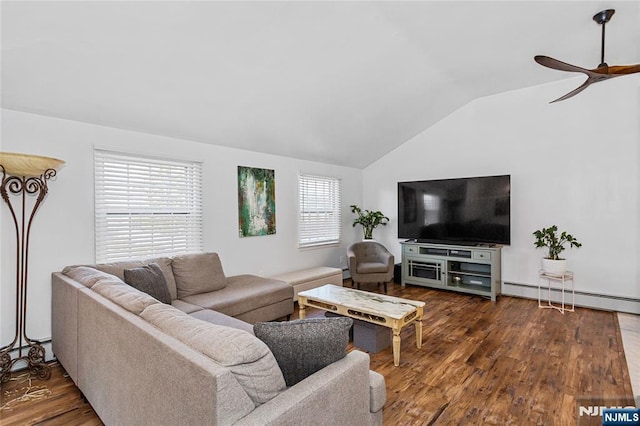 living room featuring baseboard heating, ceiling fan, lofted ceiling, and dark hardwood / wood-style flooring