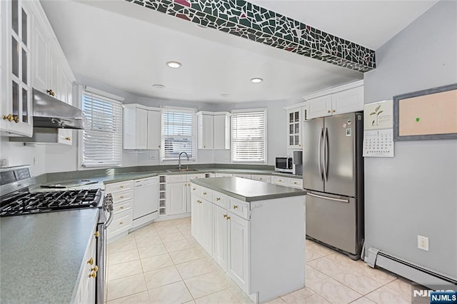 kitchen with sink, a center island, appliances with stainless steel finishes, range hood, and white cabinets