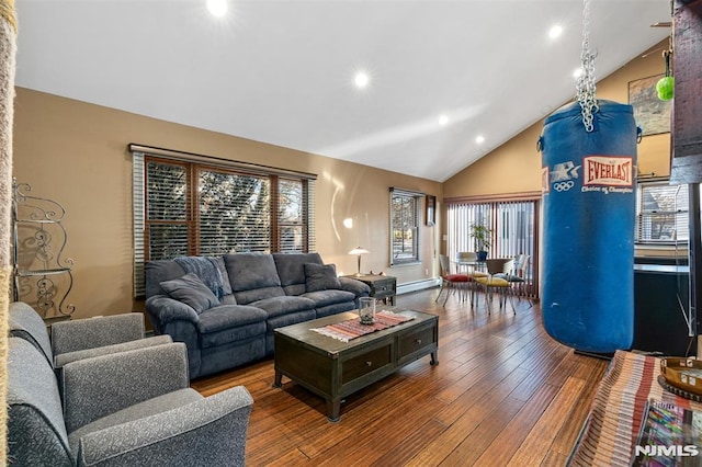 living room featuring a baseboard radiator, high vaulted ceiling, and hardwood / wood-style floors