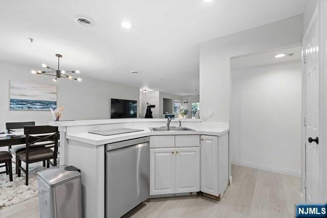 kitchen with sink, white cabinets, stainless steel dishwasher, kitchen peninsula, and light wood-type flooring