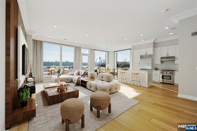 living room with crown molding and light wood-type flooring