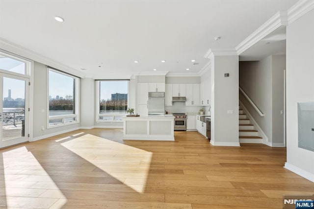 unfurnished living room with ornamental molding and light hardwood / wood-style flooring