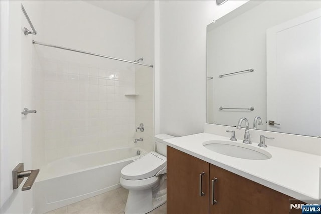 full bathroom featuring shower / tub combination, tile patterned floors, toilet, and vanity