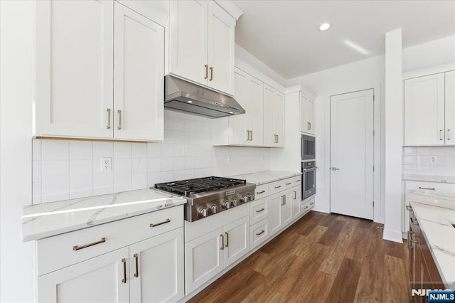 kitchen with appliances with stainless steel finishes, light stone counters, tasteful backsplash, white cabinets, and dark hardwood / wood-style flooring