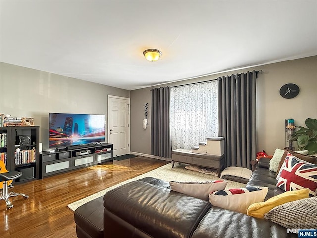 living room with dark hardwood / wood-style flooring