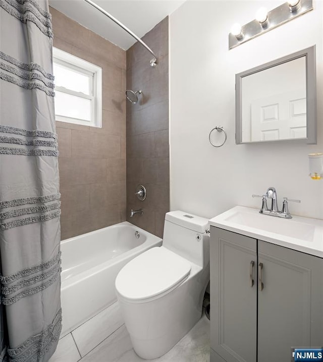 full bathroom with vanity, toilet, and shower / bathtub combination with curtain