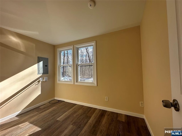 unfurnished room with hardwood / wood-style floors and electric panel