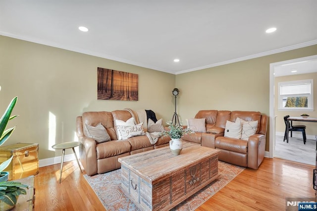 living room with crown molding and light wood-type flooring