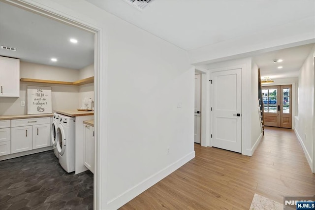 laundry room with recessed lighting, washer / clothes dryer, baseboards, and dark wood-style floors