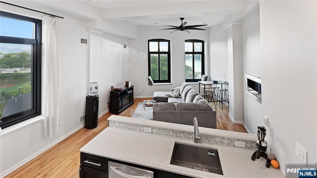 kitchen with dishwasher, ceiling fan, sink, and light hardwood / wood-style floors