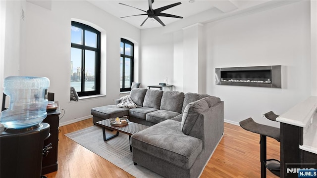 living room featuring hardwood / wood-style flooring and ceiling fan