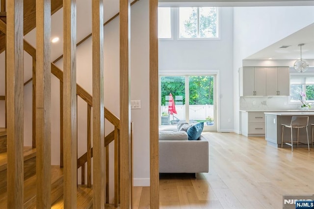 living room with sink and light hardwood / wood-style floors