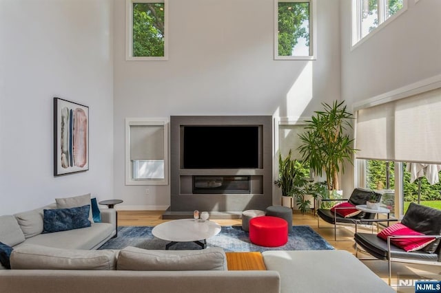 living room featuring a towering ceiling and light hardwood / wood-style floors