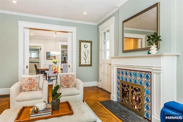 living area featuring parquet floors and crown molding