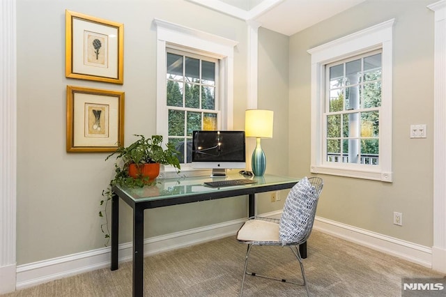 office space with plenty of natural light and carpet