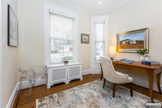 office area with crown molding and dark wood-type flooring