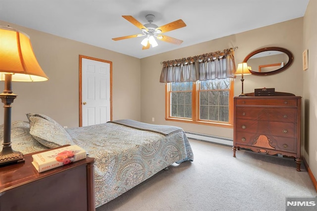 bedroom featuring ceiling fan, baseboard heating, and carpet floors