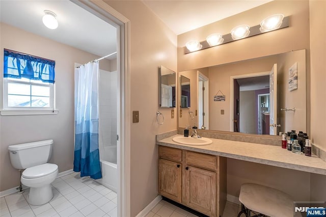 full bathroom featuring tile patterned flooring, vanity, toilet, and shower / bath combo with shower curtain