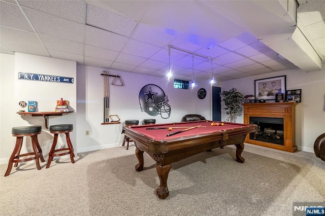 playroom featuring a drop ceiling, pool table, and carpet flooring