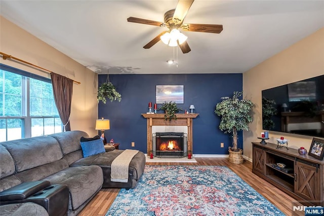 living room featuring ceiling fan and hardwood / wood-style floors