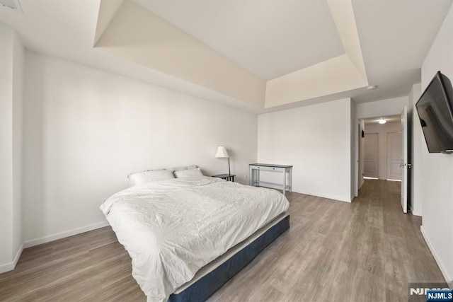 bedroom featuring wood-type flooring and a raised ceiling