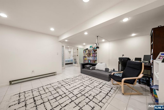 living room with light tile patterned floors and a baseboard radiator