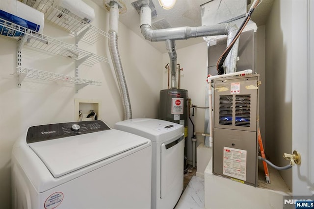 laundry area with water heater and washer and dryer