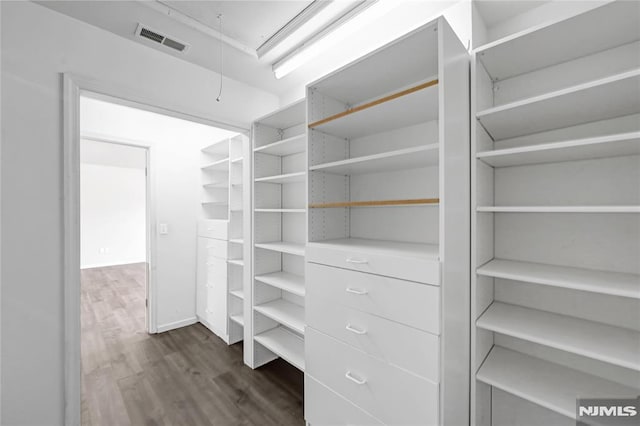 spacious closet with dark wood-type flooring