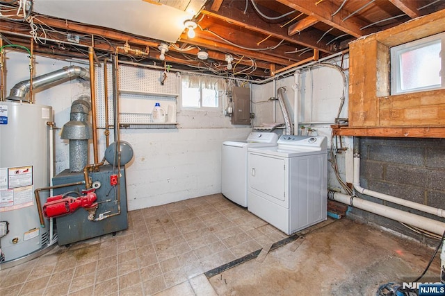 laundry area featuring independent washer and dryer, electric panel, and water heater