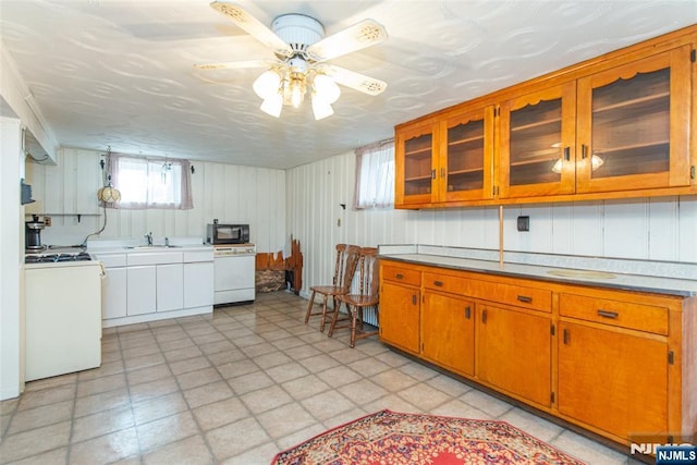 kitchen featuring sink, white appliances, and ceiling fan