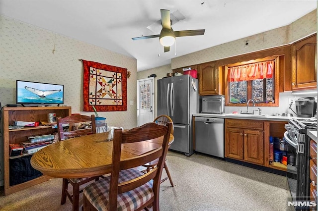 kitchen featuring ceiling fan, stainless steel appliances, and sink