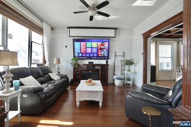 living room featuring ceiling fan, a healthy amount of sunlight, and dark hardwood / wood-style floors