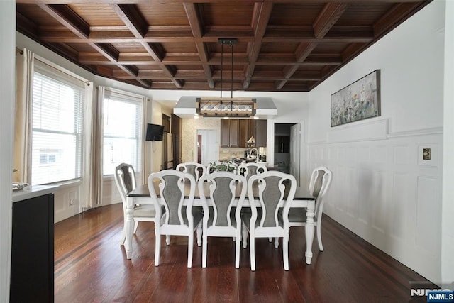 dining space featuring coffered ceiling, dark hardwood / wood-style floors, beam ceiling, and wooden ceiling