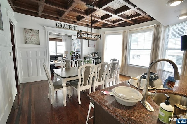 dining room with dark wood-type flooring, coffered ceiling, beam ceiling, and wooden ceiling