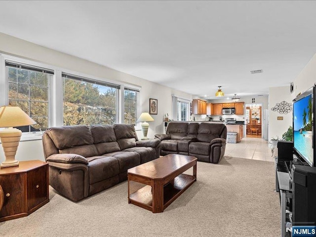 living room with light colored carpet