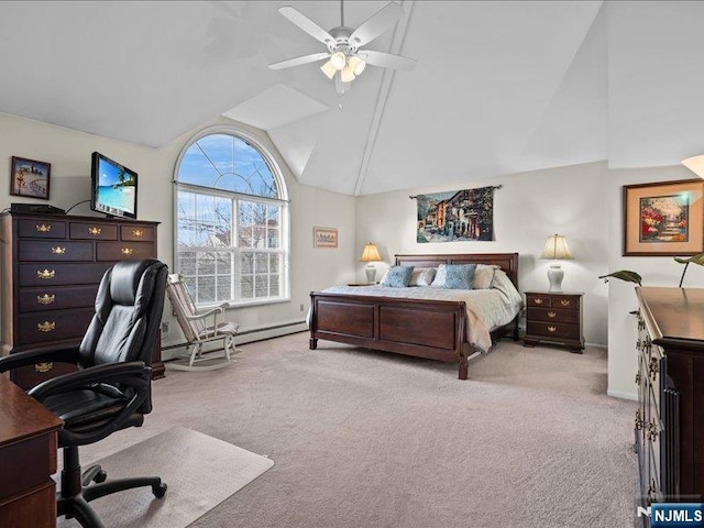 bedroom featuring ceiling fan, lofted ceiling, a baseboard radiator, and light carpet