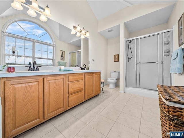 bathroom featuring tile patterned floors, toilet, a shower with shower door, vaulted ceiling, and vanity