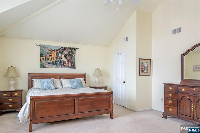 bedroom with ceiling fan, light colored carpet, and high vaulted ceiling