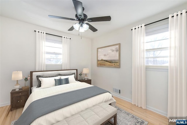 bedroom featuring light hardwood / wood-style flooring and ceiling fan