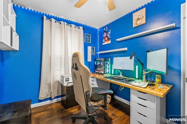 office space featuring dark hardwood / wood-style floors and ceiling fan