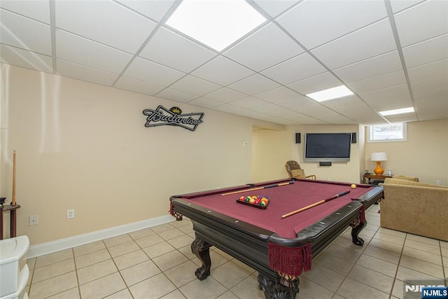 playroom with a drop ceiling, tile patterned floors, and billiards