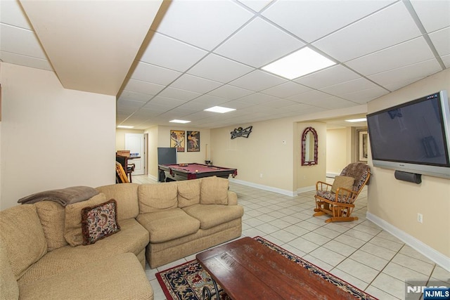 tiled living room featuring a drop ceiling and billiards