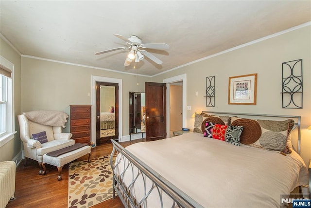 bedroom featuring crown molding, ceiling fan, radiator heating unit, and wood-type flooring