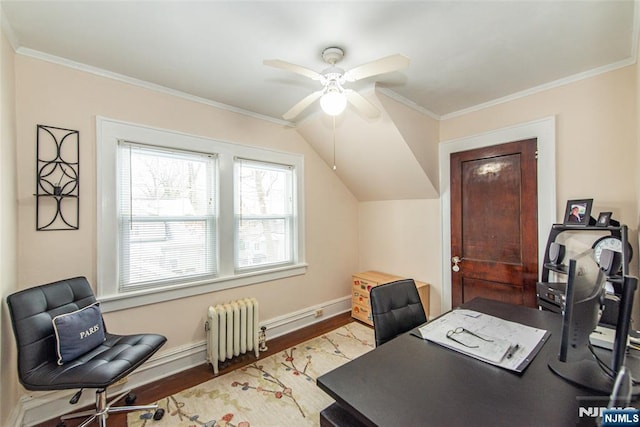 office with radiator, ornamental molding, ceiling fan, and light wood-type flooring