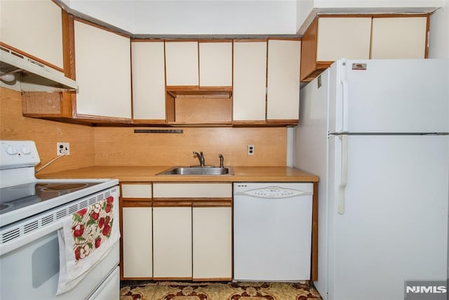 kitchen featuring white cabinetry, white appliances, sink, and backsplash