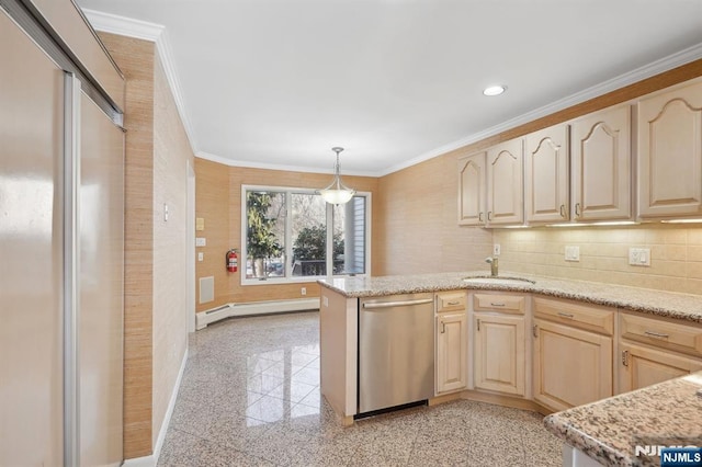 kitchen with sink, stainless steel dishwasher, ornamental molding, pendant lighting, and a baseboard heating unit