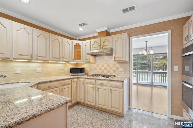 kitchen with light stone counters, a chandelier, hanging light fixtures, appliances with stainless steel finishes, and backsplash